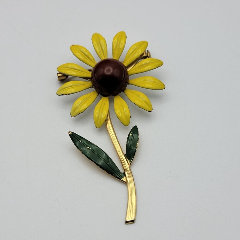 Vintage 60's Enamel Flower Brooch Gold Tone Yellow And Red 2.75" - Picture 2 of 7